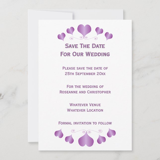 Lila Herzen Design-Hochzeit Save The Date (Vorderseite)