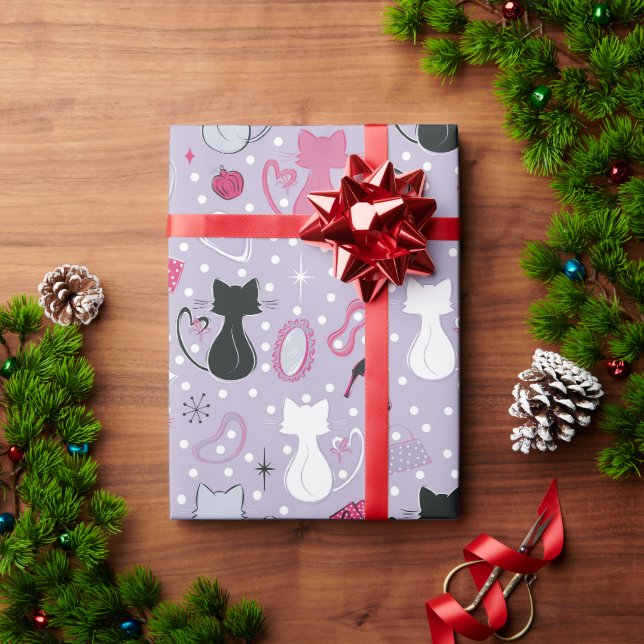 Lila Herzkatzen des mittleren Jahrhunderts Geschenkpapier (Feiertagsgeschenk)