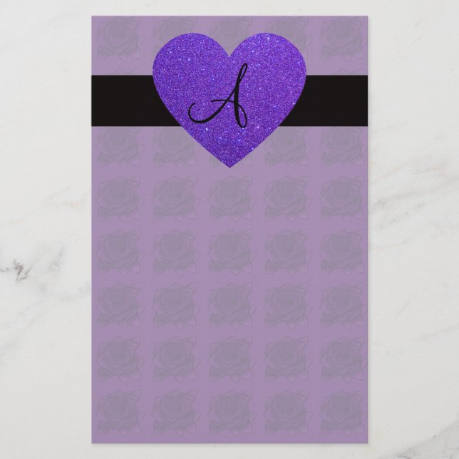 Lila Herzmonogramm-Rosen Briefpapier (Vorderseite)