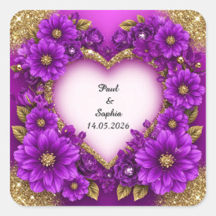 Lila-Herzrahmen mit Glitter und Blumen Quadratischer Aufkleber