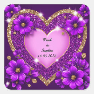 Lila Herzrahmen mit Glitzer und Blume Quadratischer Aufkleber