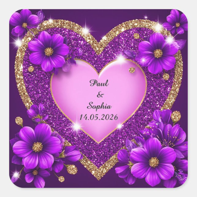 Lila Herzrahmen mit Glitzer und Blume Quadratischer Aufkleber (Vorderseite)