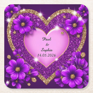 Lila Herzrahmen mit Glitzer und Blume Rechteckiger Pappuntersetzer