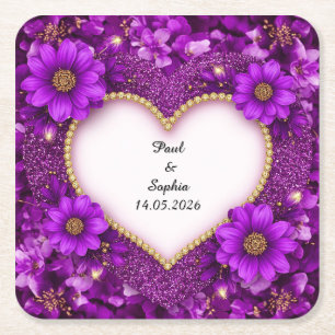 Lila Herzrahmen mit Glitzer und Blume Rechteckiger Pappuntersetzer