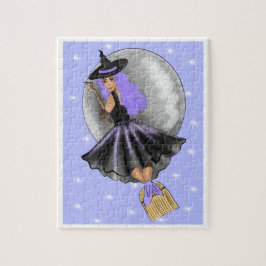 Lila Hexe auf einem Broomstick-Puzzle