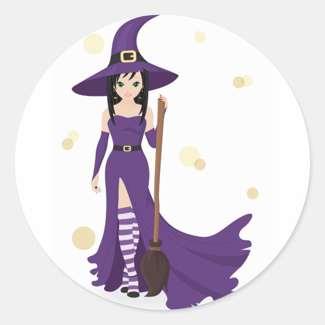 Lila Hexe mit Broom Runder Aufkleber (Vorderseite)