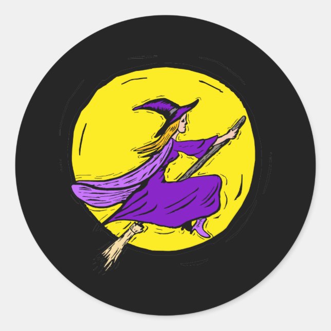Lila Hexe über den Mond Runder Aufkleber (Vorderseite)