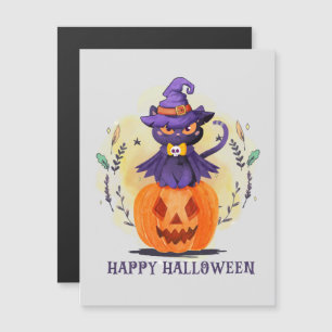 Lila Hexenkatze auf Kürbis - glückliches Halloween Magnetkarte