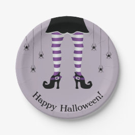 Lila Hexenleder und Spinnen glücklich Halloween Pappteller
