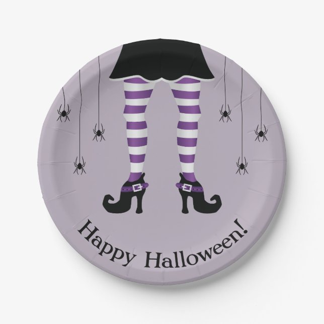 Lila Hexenleder und Spinnen glücklich Halloween Pappteller (Vorderseite)