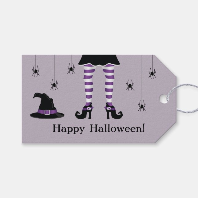 Lila Hexenleder und Spinnen glücklicher Halloween- Geschenkanhänger (Vorderseite (Horizontal))
