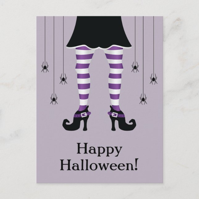 Lila Hexenleder und Spinnen glücklicher Halloween- Postkarte (Vorderseite)