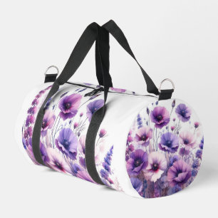 Lila Hibiskus-Blumenmuster auf weißer Sporttasche Duffle Bag