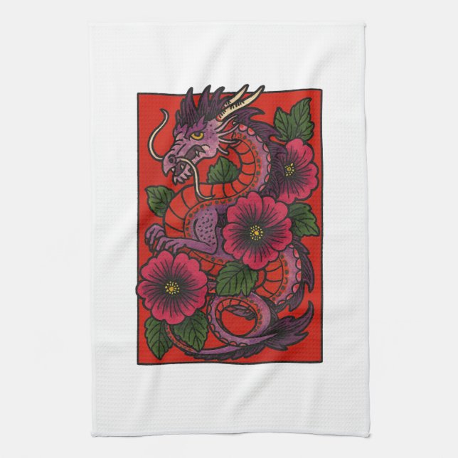 Lila Hibiskus chinesischer Drache Geschirrtuch (Vertikal)