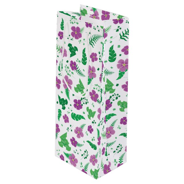 Lila Hibiskus Geschenktüte Für Weinflaschen (Vorderseite Schrägansicht)