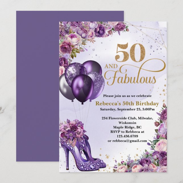Lila High Heels 50. Geburtstag Einladung (Vorne/Hinten)