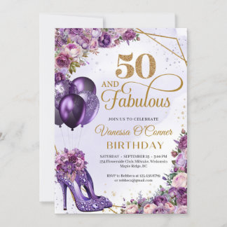 Lila High Heels und rosa Blume und Ballons Einladung