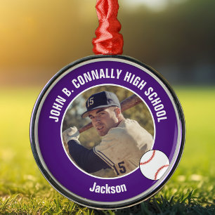 Lila High School Baseballspieler Foto Weihnachten Ornament Aus Metall