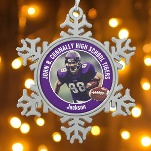 Lila High School Football Player Foto Custom Schneeflocken Zinn-Ornament