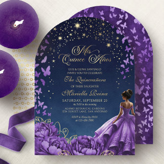 Lila Himmelsstars Floral Quinceanera Einladung