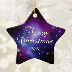Lila himmlisches Weltraumfoto Frohe Weihnachten Keramik Ornament