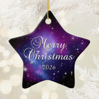 Lila himmlisches Weltraumfoto Frohe Weihnachten Keramik Ornament
