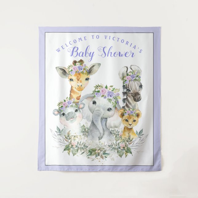 Lila Hintergrund des Safari Baby Shower Wandteppich (Vorderseite)