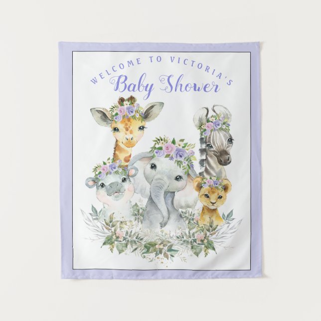 Lila Hintergrund des Safari Baby Shower Wandteppich (Vorderseite)