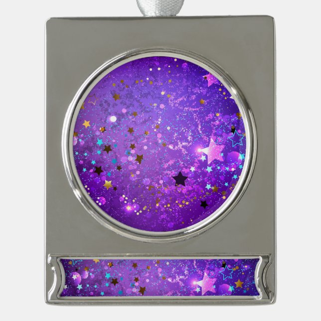 Lila Hintergrund mit Sternen Banner-Ornament Silber (Vorderseite)