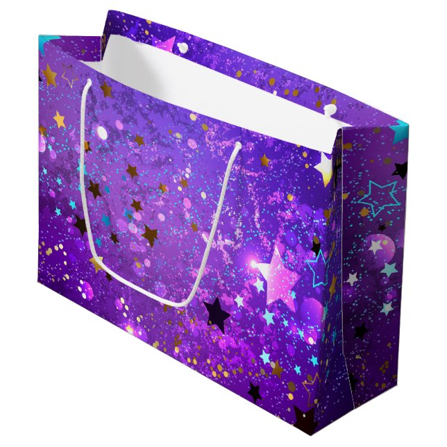 Lila Hintergrund mit Sternen Große Geschenktüte (Vorderseite Schrägansicht)
