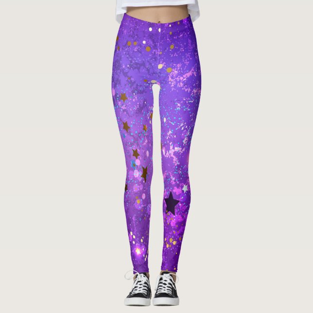 Lila Hintergrund mit Sternen Leggings (Vorderseite)