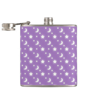 Lila Hintergrundmuster für kleine Sterne und Monde Flachmann