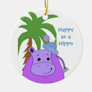 Lila Hippopotamus mit Palmenbaum Keramik Ornament