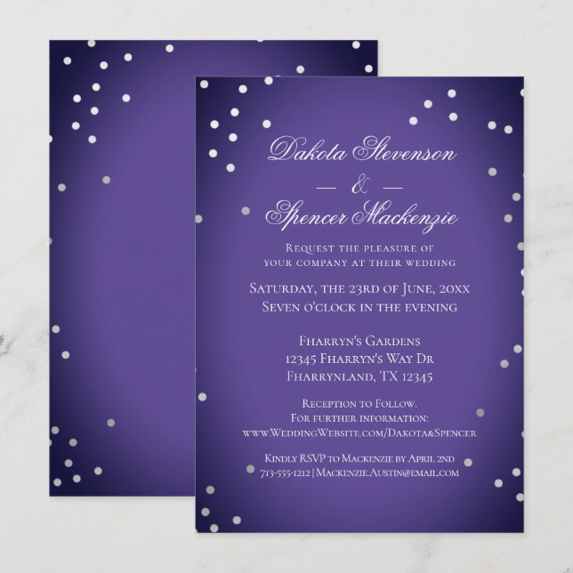 Lila Hochzeit | Chic Ultra-Violet Silver Confetti Einladung (Vorne/Hinten)