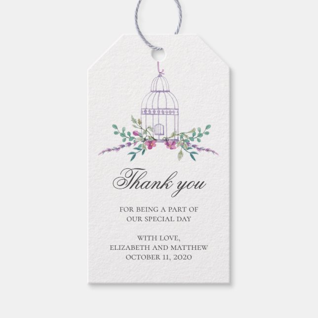 Lila Hochzeit danke. Geburtskäfig und Blume Geschenkanhänger (Vorderseite)
