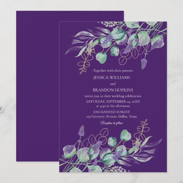 Lila Hochzeit der Eukalyptus Einladung (Vorne/Hinten)