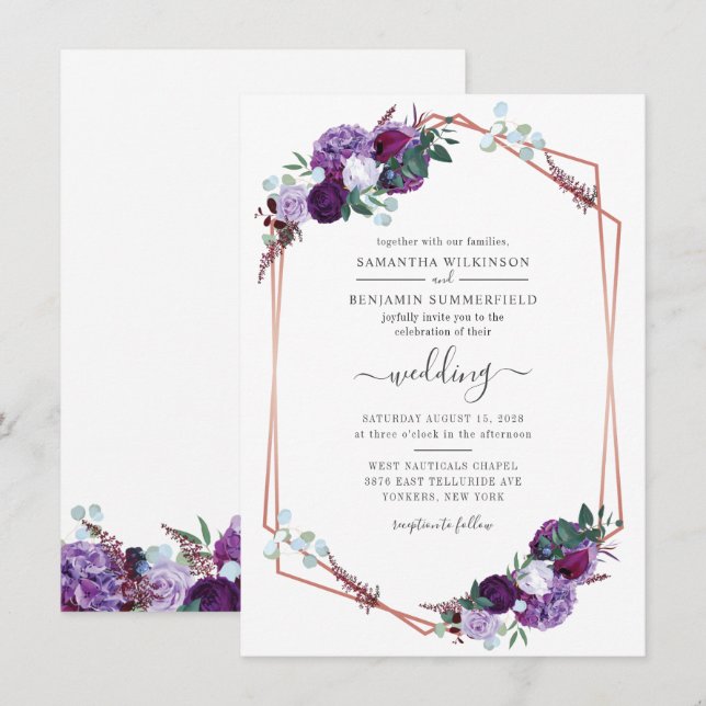 Lila Hochzeit der geometrischen botanischen Flora Einladung (Vorne/Hinten)