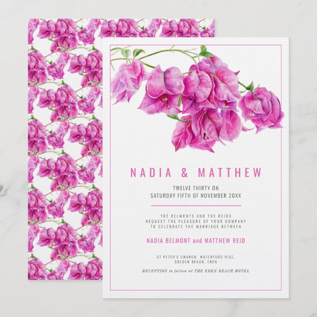 Lila Hochzeit in Bougainvillea Einladung (Vorne/Hinten)