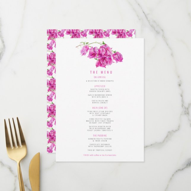 Lila Hochzeit in Bougainvillea Menükarte (Vorderseite/Rückseite Beispiel)