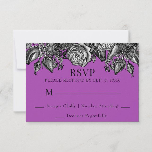 Lila Hochzeit in Schwarz und Weiß RSVP Karte (Vorderseite)