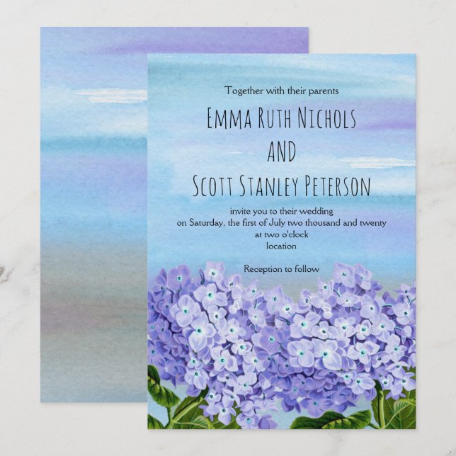 Lila Hochzeit mit blauen Hydrangeas Aquarellfarben Einladung (Vorne/Hinten)