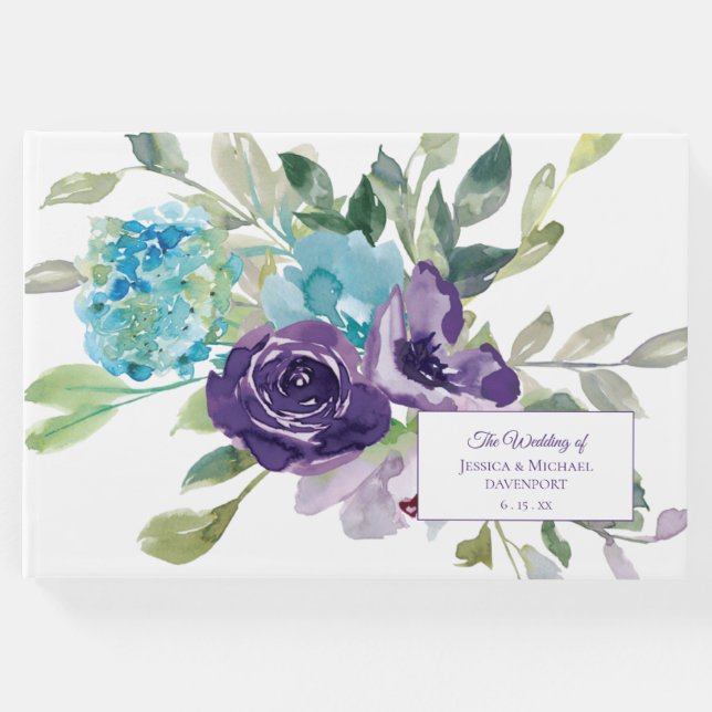 Lila Hochzeit mit blauer Wasserfarbe Gästebuch (Vorderseite)