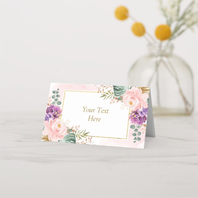 Lila Hochzeit mit Bohemischem Tropenblumenschlag Platzkarte (Vorderseite)