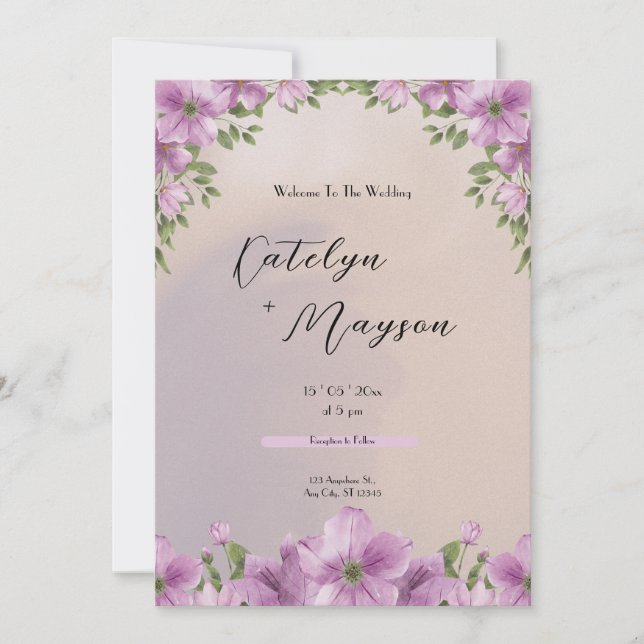 Lila Hochzeit mit eleganten Wasserfarben Einladung (Vorderseite)
