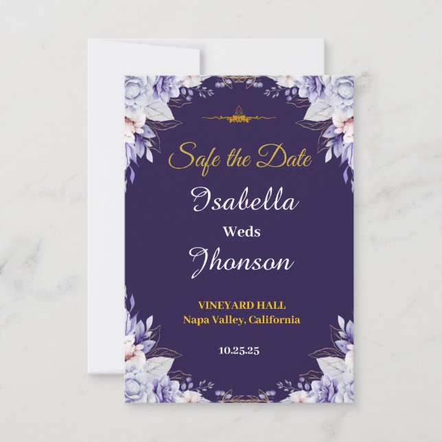 Lila Hochzeit mit floralen Zeichen speichern das D RSVP Karte (Vorderseite)