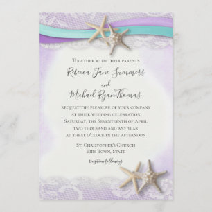 Lila Hochzeit mit Ribbon und Starfish Wasserfarbe Einladung