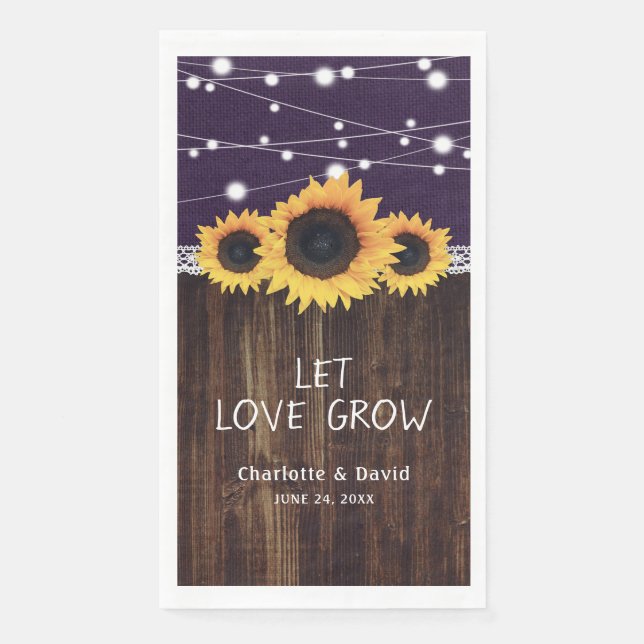 Lila Hochzeit mit Rustic Burlap Wood Sunflower Serviette (Vorderseite)