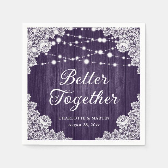 Lila Hochzeit mit rustikalem Holz Serviette (Vorderseite)