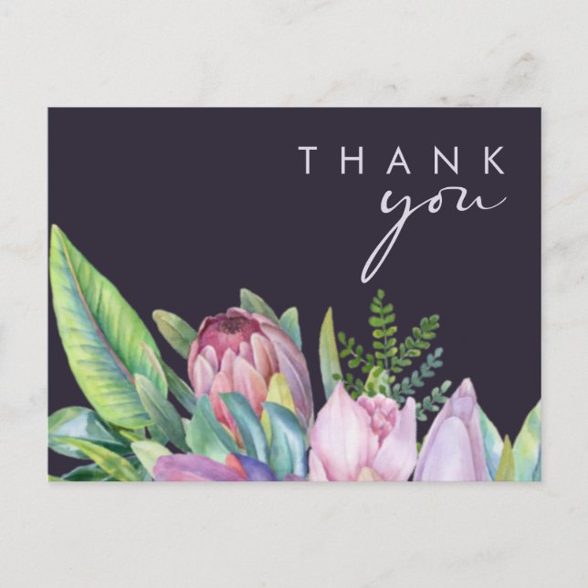 Lila Hochzeit mit tropischer Flora Vielen Dank Postkarte (Vorderseite)