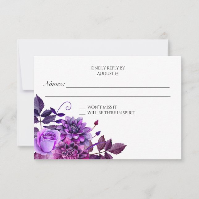 Lila Hochzeit rsvp Floral Reply Blume Reaktion Karte (Vorderseite)
